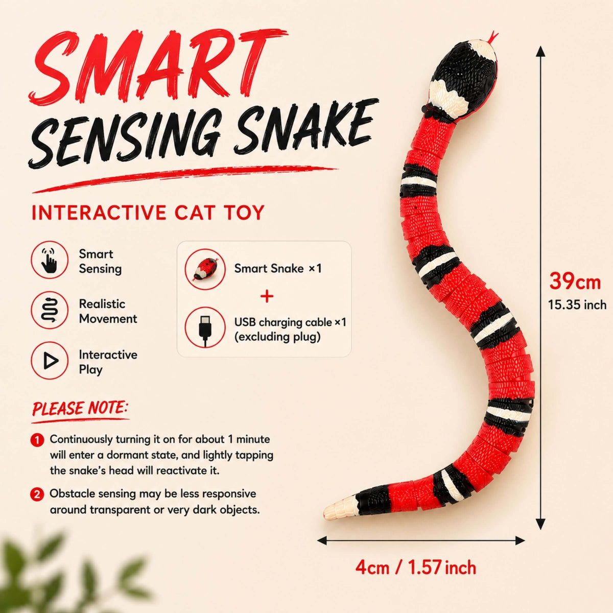 Interactive Smart Sensing Snake Toy for Cats – USB Rechargeable & Obstacle Avoiding