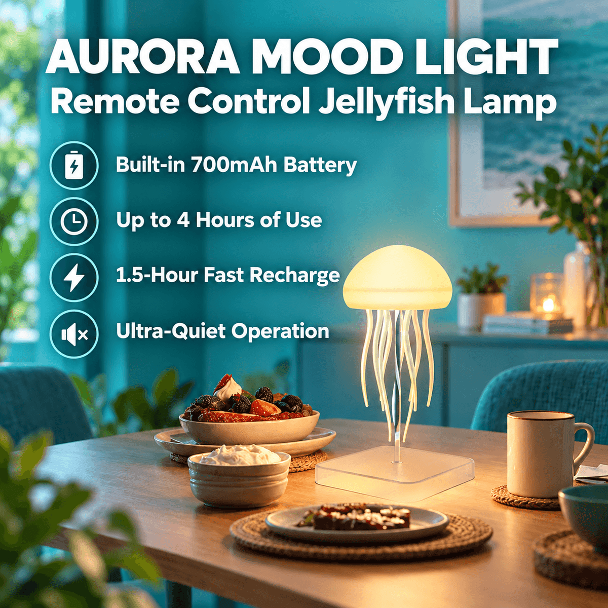 RGB LED Jellyfish Lamp – Rechargeable Mood Light with Remote Control & 9 Flexible Tentacles