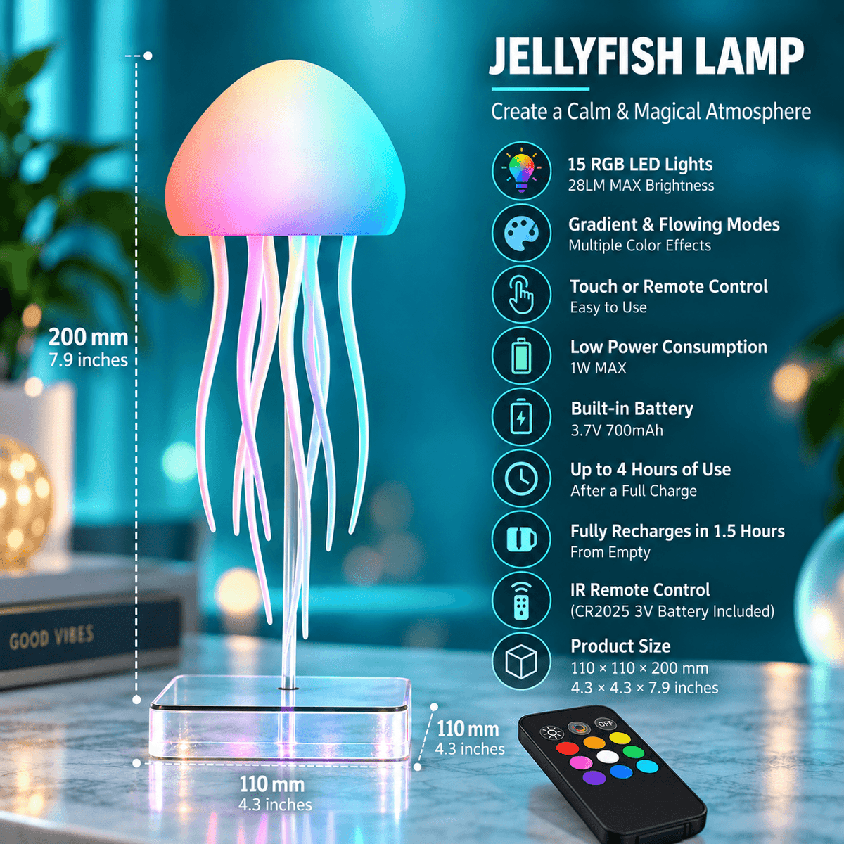 RGB LED Jellyfish Lamp – Rechargeable Mood Light with Remote Control & 9 Flexible Tentacles