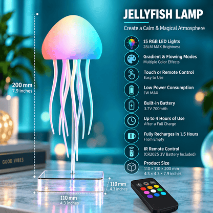 RGB LED Jellyfish Lamp – Rechargeable Mood Light with Remote Control & 9 Flexible Tentacles