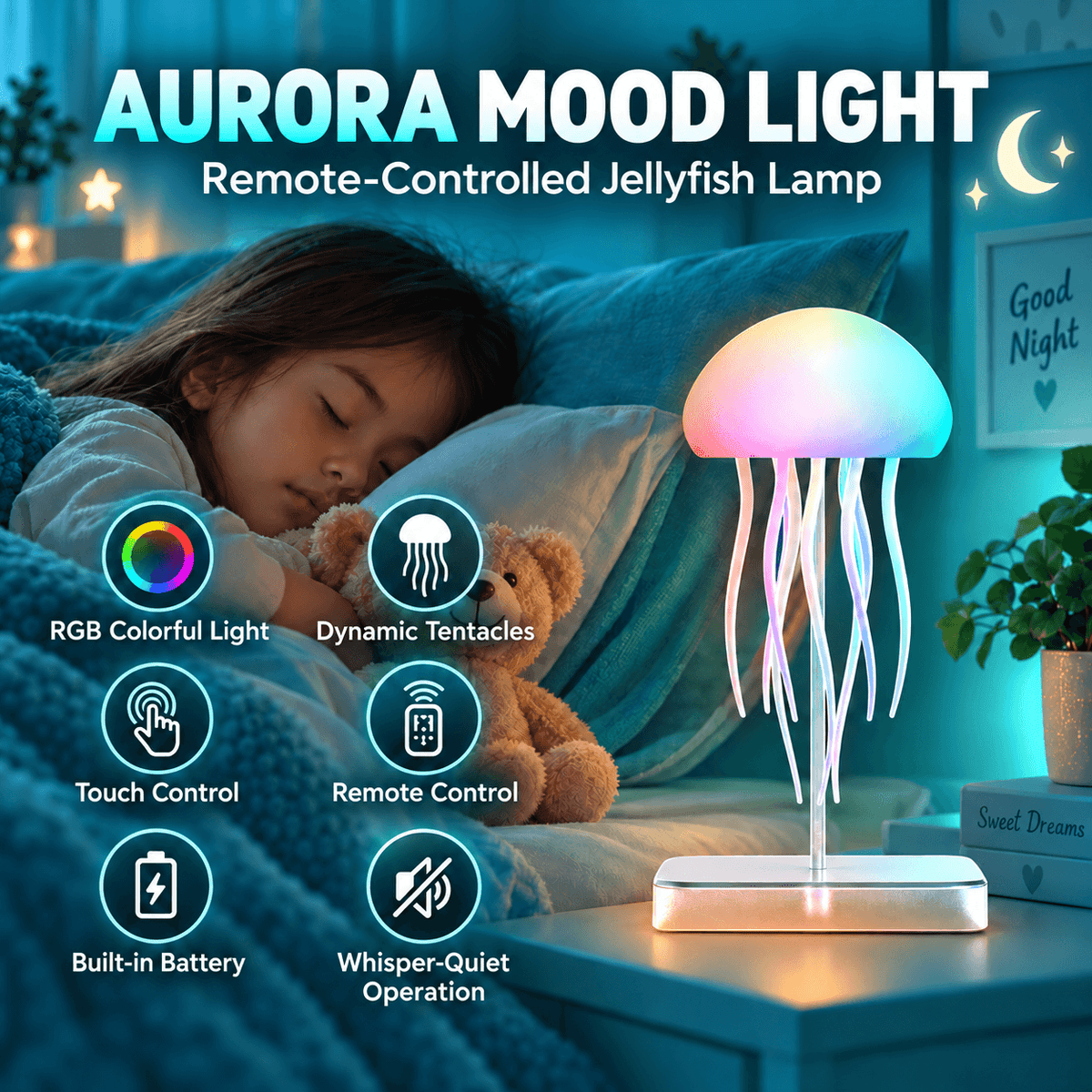 RGB LED Jellyfish Lamp – Rechargeable Mood Light with Remote Control & 9 Flexible Tentacles