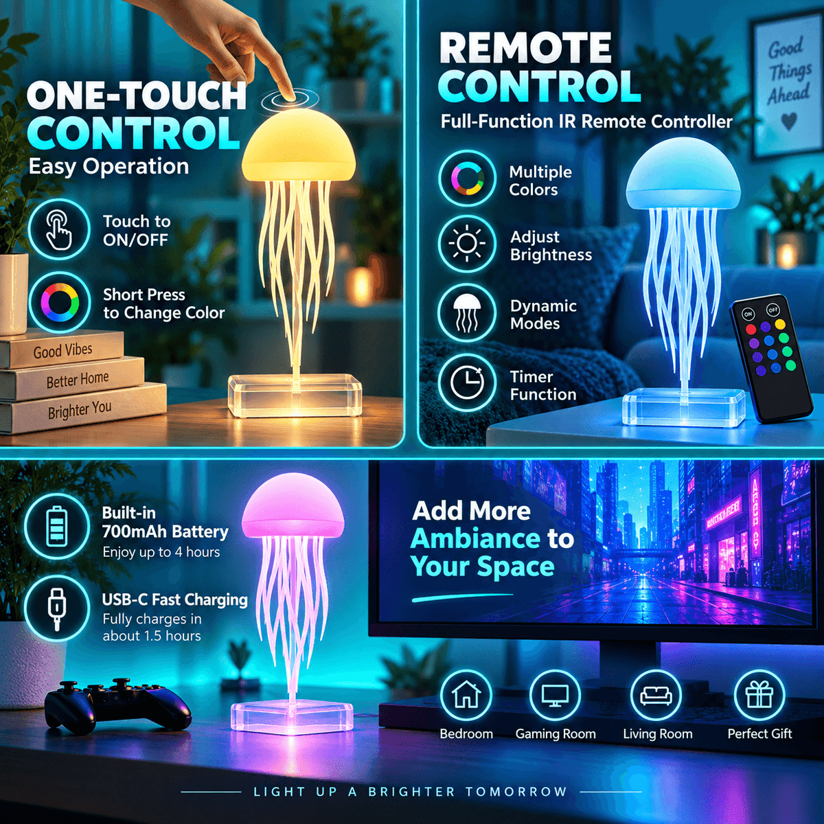 RGB LED Jellyfish Lamp – Rechargeable Mood Light with Remote Control & 9 Flexible Tentacles