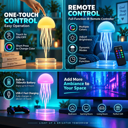RGB LED Jellyfish Lamp – Rechargeable Mood Light with Remote Control & 9 Flexible Tentacles