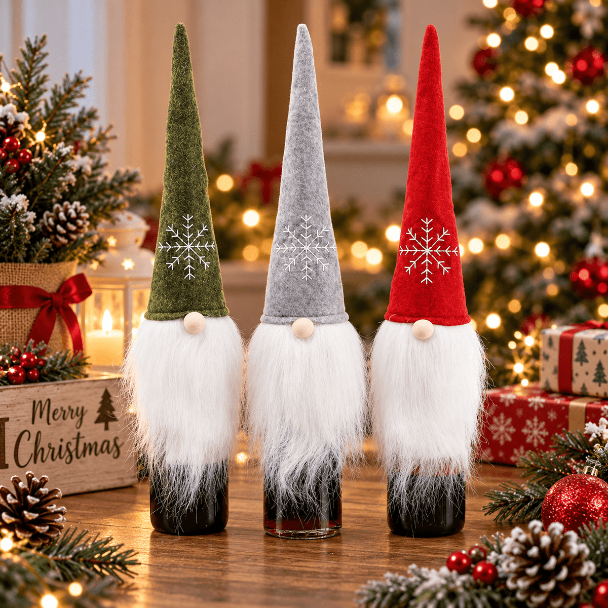 Christmas Wine Bottle Cover – Santa & Gnome Holiday Bottle Decor, Festive Table Decoration & Host Gift