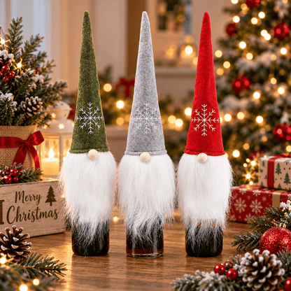 Christmas Wine Bottle Cover – Santa & Gnome Holiday Bottle Decor, Festive Table Decoration & Host Gift