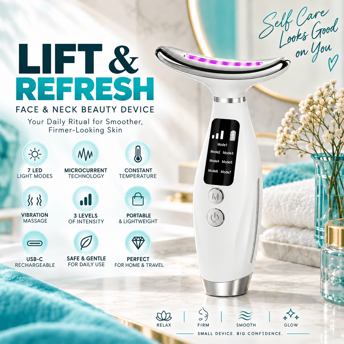 7-in-1 LED Face & Neck Massager – USB-C Rechargeable Beauty Device with 7 Modes