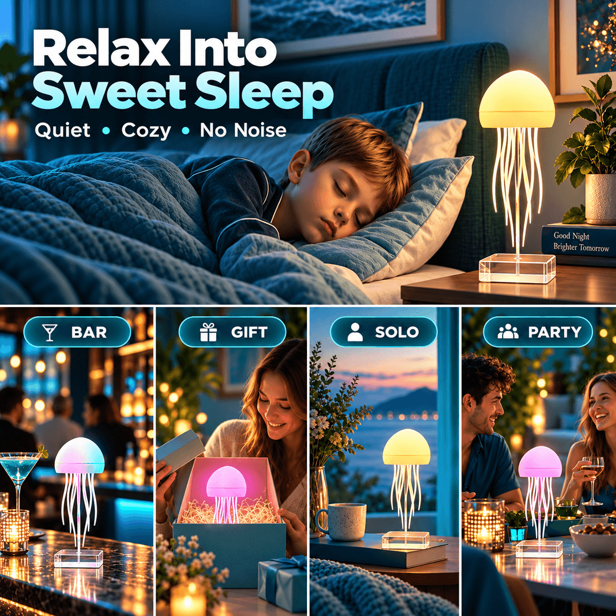 RGB LED Jellyfish Lamp – Rechargeable Mood Light with Remote Control & 9 Flexible Tentacles
