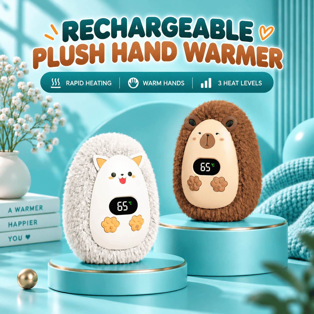 Rechargeable Plush Hand Warmer – 3 Heat Levels, Digital Display, USB-C Charging & Soft Fuzzy Design