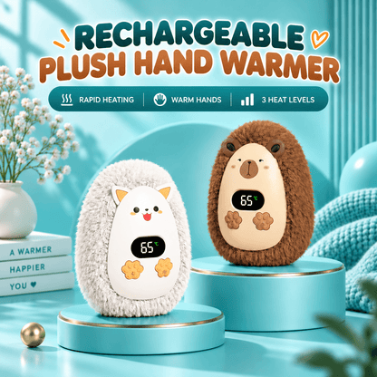 Rechargeable Plush Hand Warmer – 3 Heat Levels, Digital Display, USB-C Charging & Soft Fuzzy Design