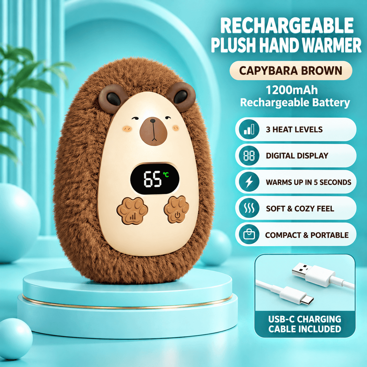 Rechargeable Plush Hand Warmer – 3 Heat Levels, Digital Display, USB-C Charging & Soft Fuzzy Design