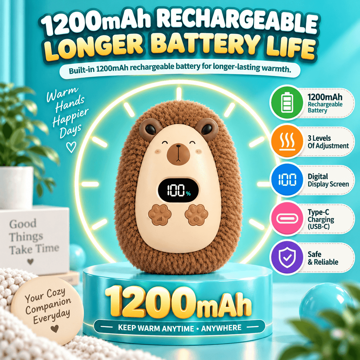 Rechargeable Plush Hand Warmer – 3 Heat Levels, Digital Display, USB-C Charging & Soft Fuzzy Design