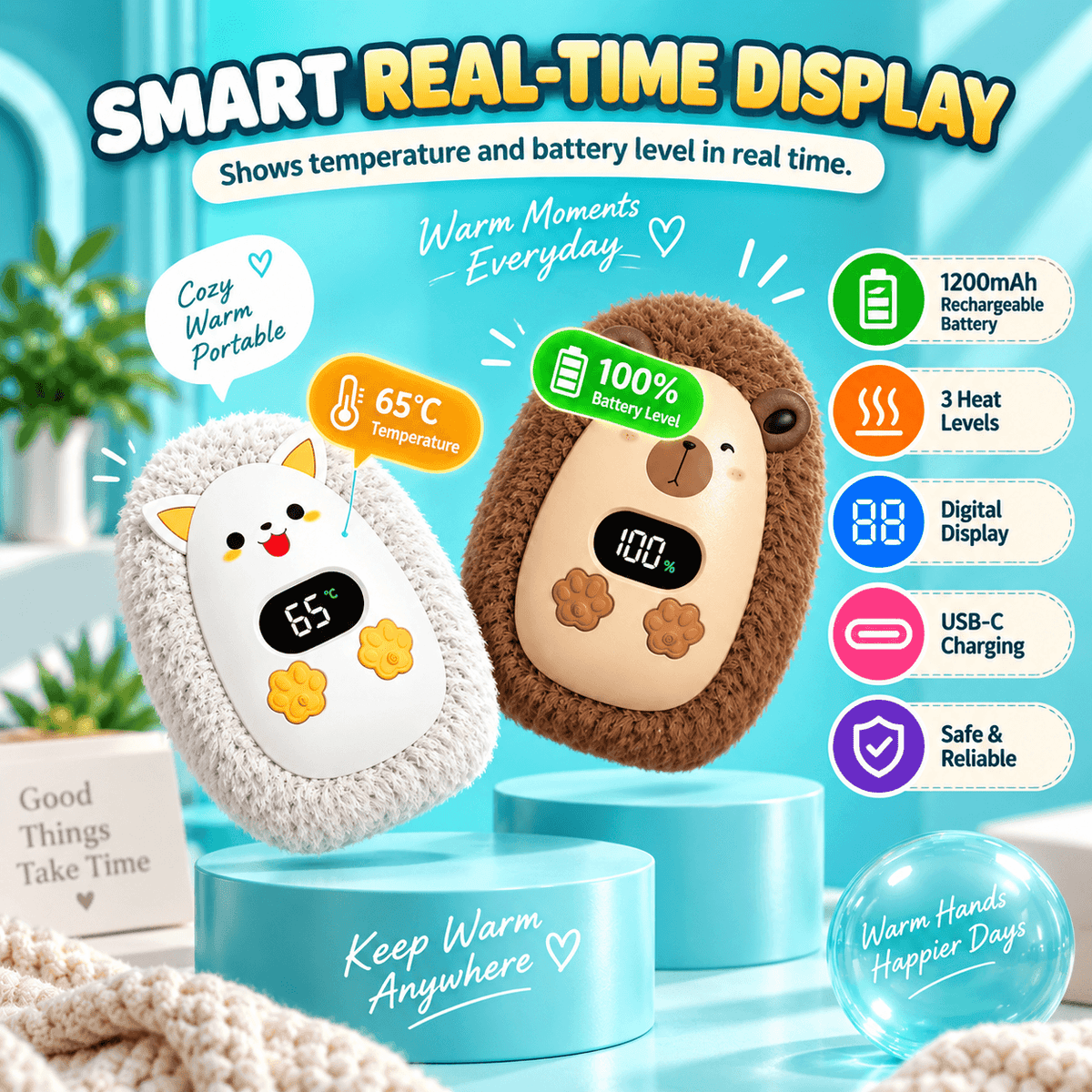 Rechargeable Plush Hand Warmer – 3 Heat Levels, Digital Display, USB-C Charging & Soft Fuzzy Design