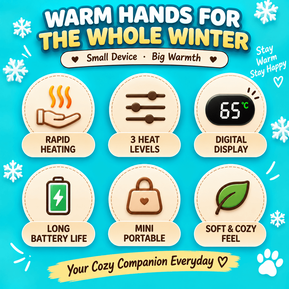 Rechargeable Plush Hand Warmer – 3 Heat Levels, Digital Display, USB-C Charging & Soft Fuzzy Design