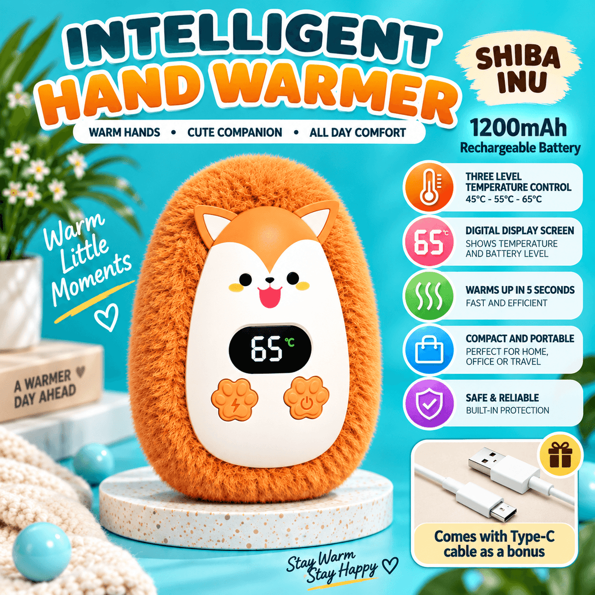 Rechargeable Plush Hand Warmer – 3 Heat Levels, Digital Display, USB-C Charging & Soft Fuzzy Design