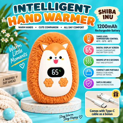 Rechargeable Plush Hand Warmer – 3 Heat Levels, Digital Display, USB-C Charging & Soft Fuzzy Design