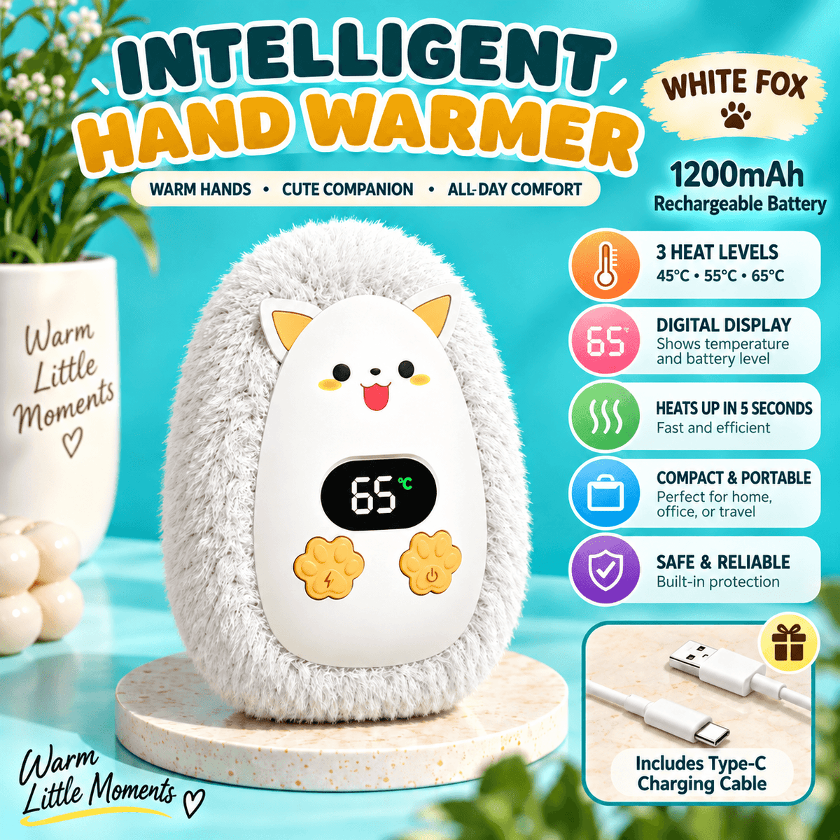 Rechargeable Plush Hand Warmer – 3 Heat Levels, Digital Display, USB-C Charging & Soft Fuzzy Design