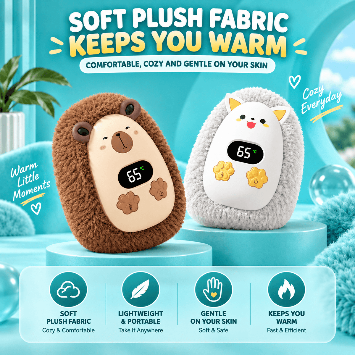 Rechargeable Plush Hand Warmer – 3 Heat Levels, Digital Display, USB-C Charging & Soft Fuzzy Design