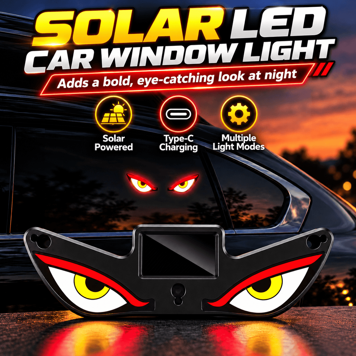 Solar LED Devil Eyes Car Window Light – Type-C Charging, Multi-Mode & Suction Cup Mount