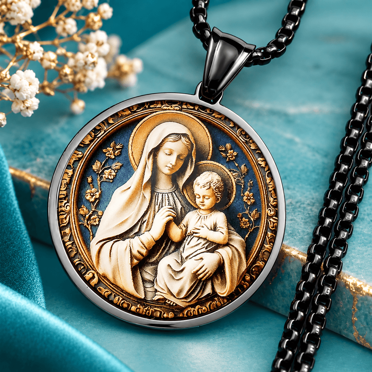 Virgin Mary & Baby Jesus Pendant Necklace – Stainless Steel Catholic Faith Jewelry