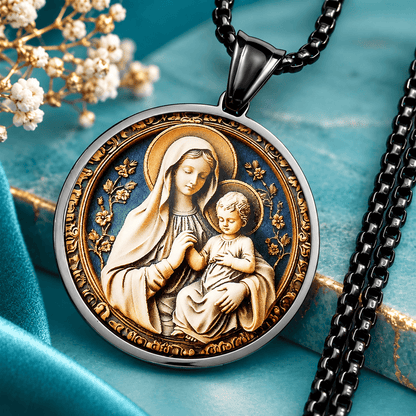 Virgin Mary & Baby Jesus Pendant Necklace – Stainless Steel Catholic Faith Jewelry