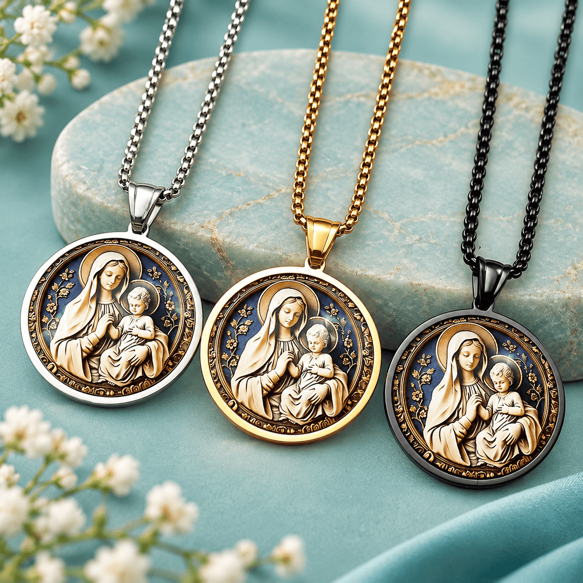 Virgin Mary & Baby Jesus Pendant Necklace – Stainless Steel Catholic Faith Jewelry