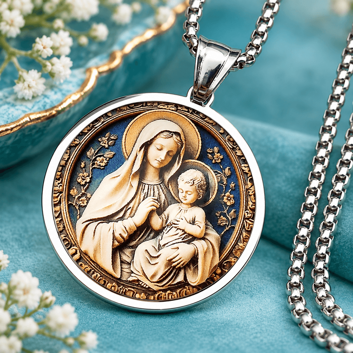 Virgin Mary & Baby Jesus Pendant Necklace – Stainless Steel Catholic Faith Jewelry