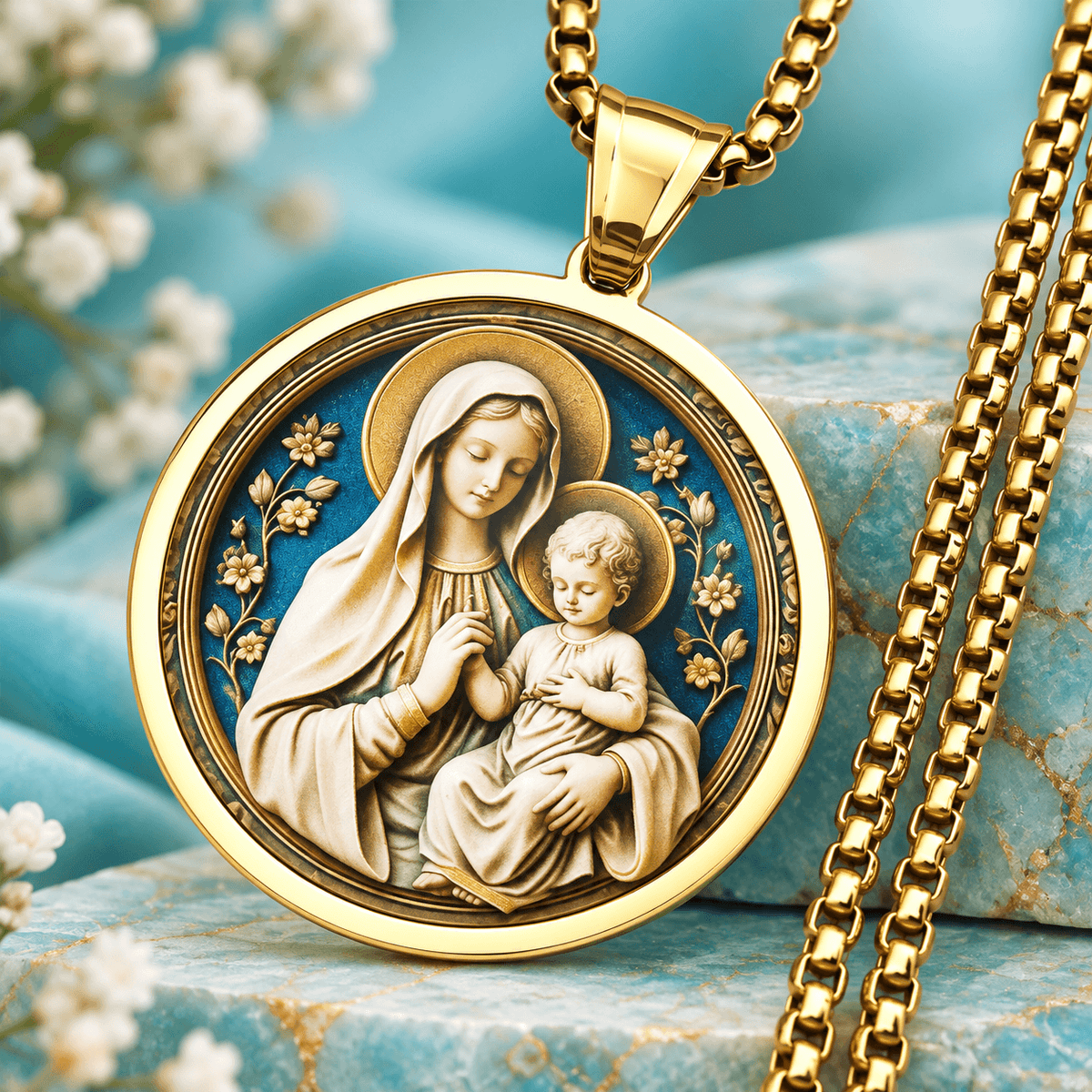 Virgin Mary & Baby Jesus Pendant Necklace – Stainless Steel Catholic Faith Jewelry
