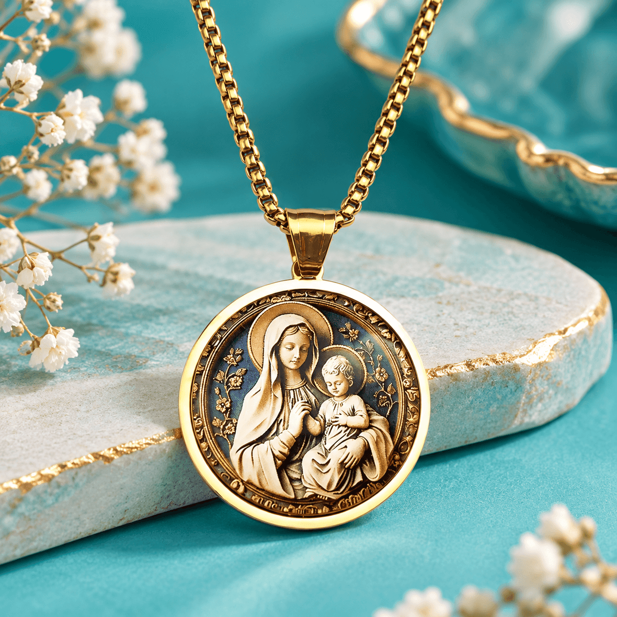 Virgin Mary & Baby Jesus Pendant Necklace – Stainless Steel Catholic Faith Jewelry