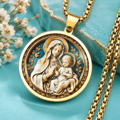 Virgin Mary & Baby Jesus Pendant Necklace – Stainless Steel Catholic Faith Jewelry