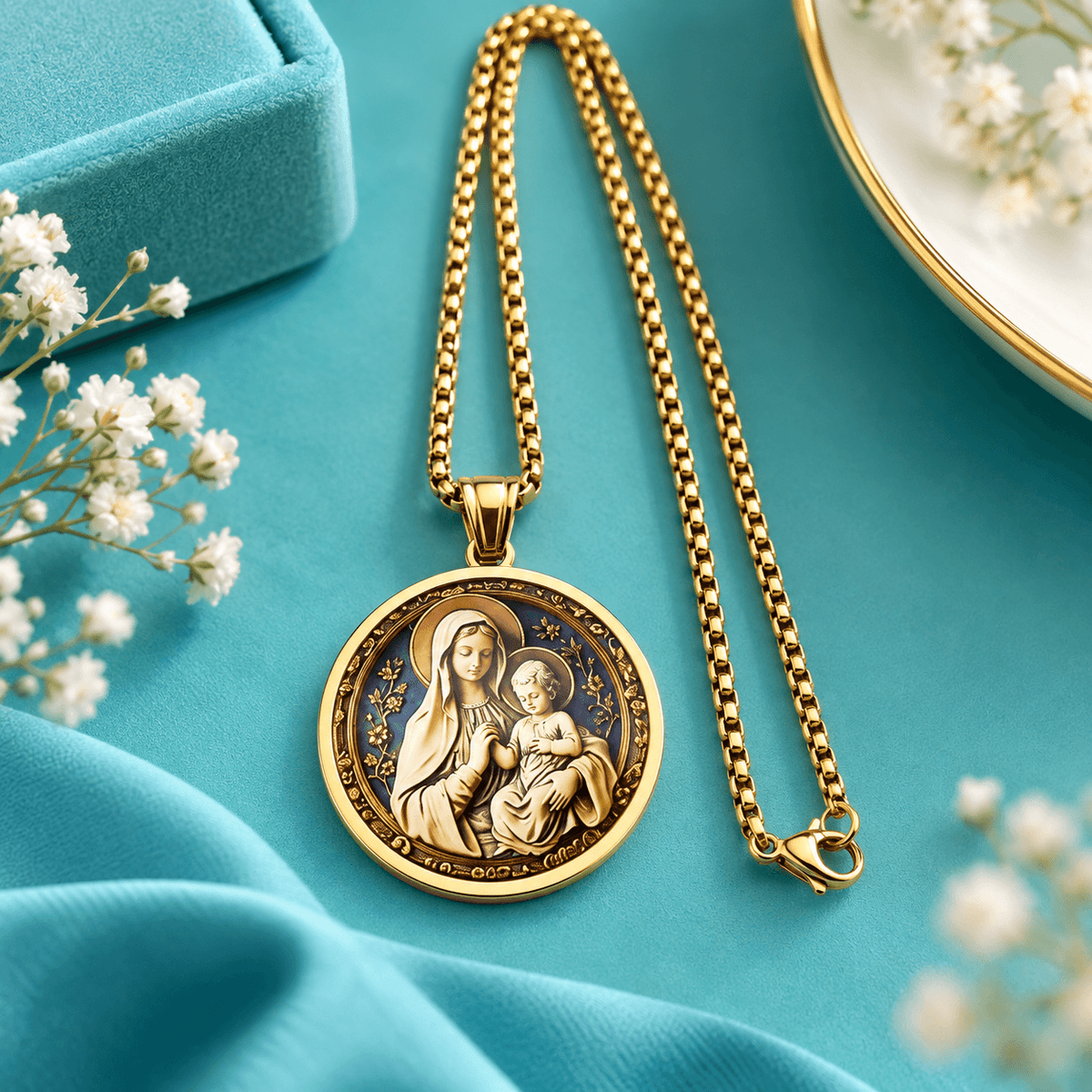 Virgin Mary & Baby Jesus Pendant Necklace – Stainless Steel Catholic Faith Jewelry