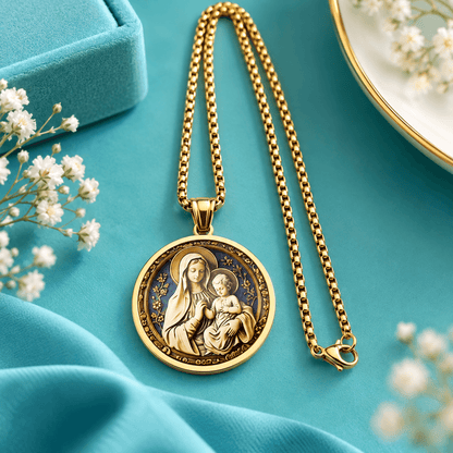 Virgin Mary & Baby Jesus Pendant Necklace – Stainless Steel Catholic Faith Jewelry