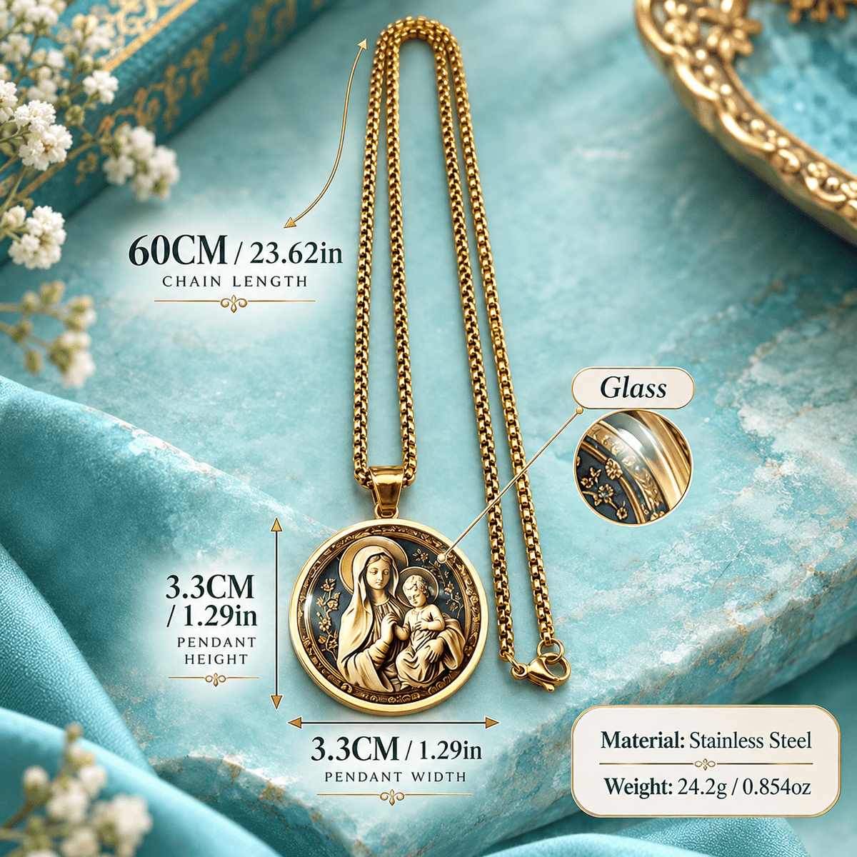 Virgin Mary & Baby Jesus Pendant Necklace – Stainless Steel Catholic Faith Jewelry