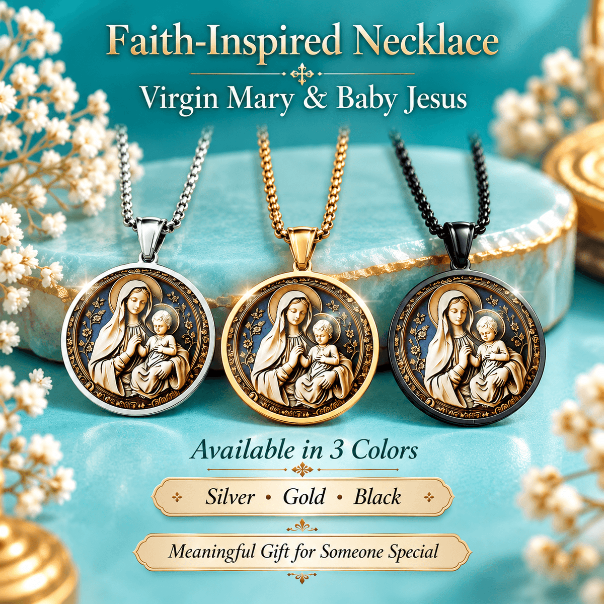 Virgin Mary & Baby Jesus Pendant Necklace – Stainless Steel Catholic Faith Jewelry