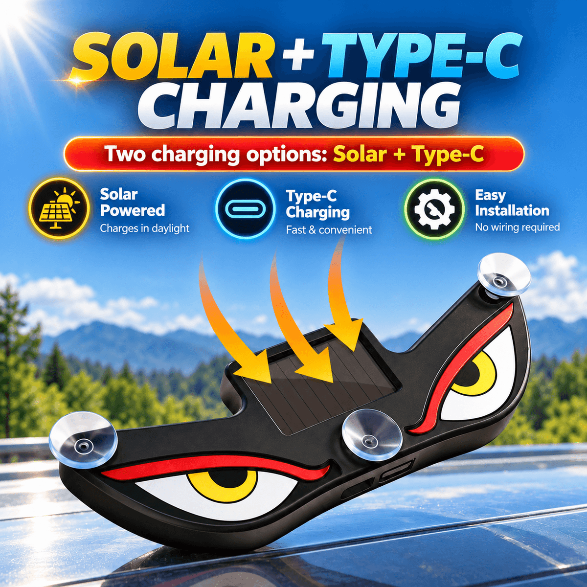 Solar LED Devil Eyes Car Window Light – Type-C Charging, Multi-Mode & Suction Cup Mount