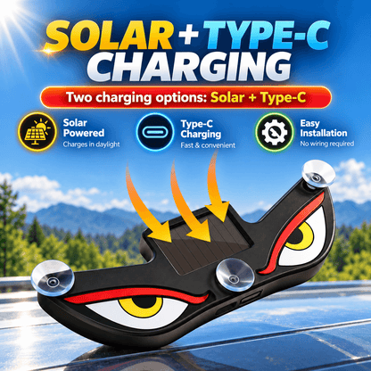 Solar LED Devil Eyes Car Window Light – Type-C Charging, Multi-Mode & Suction Cup Mount