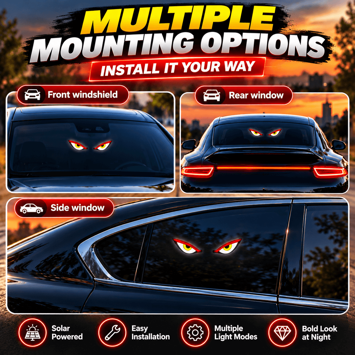 Solar LED Devil Eyes Car Window Light – Type-C Charging, Multi-Mode & Suction Cup Mount